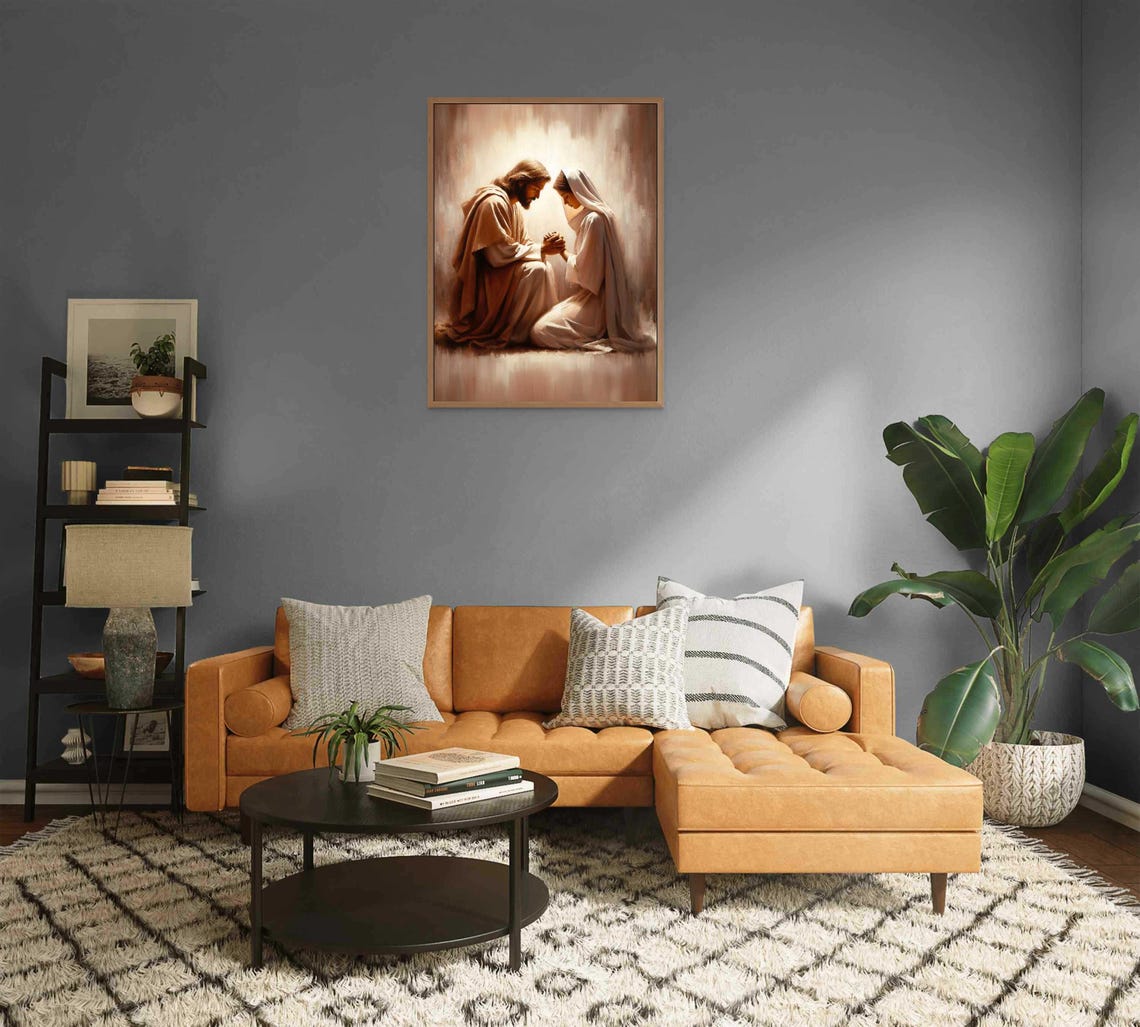 Jesus Kneeling With Woman In Prayer Golden Light Christian Art Poster - Image 2