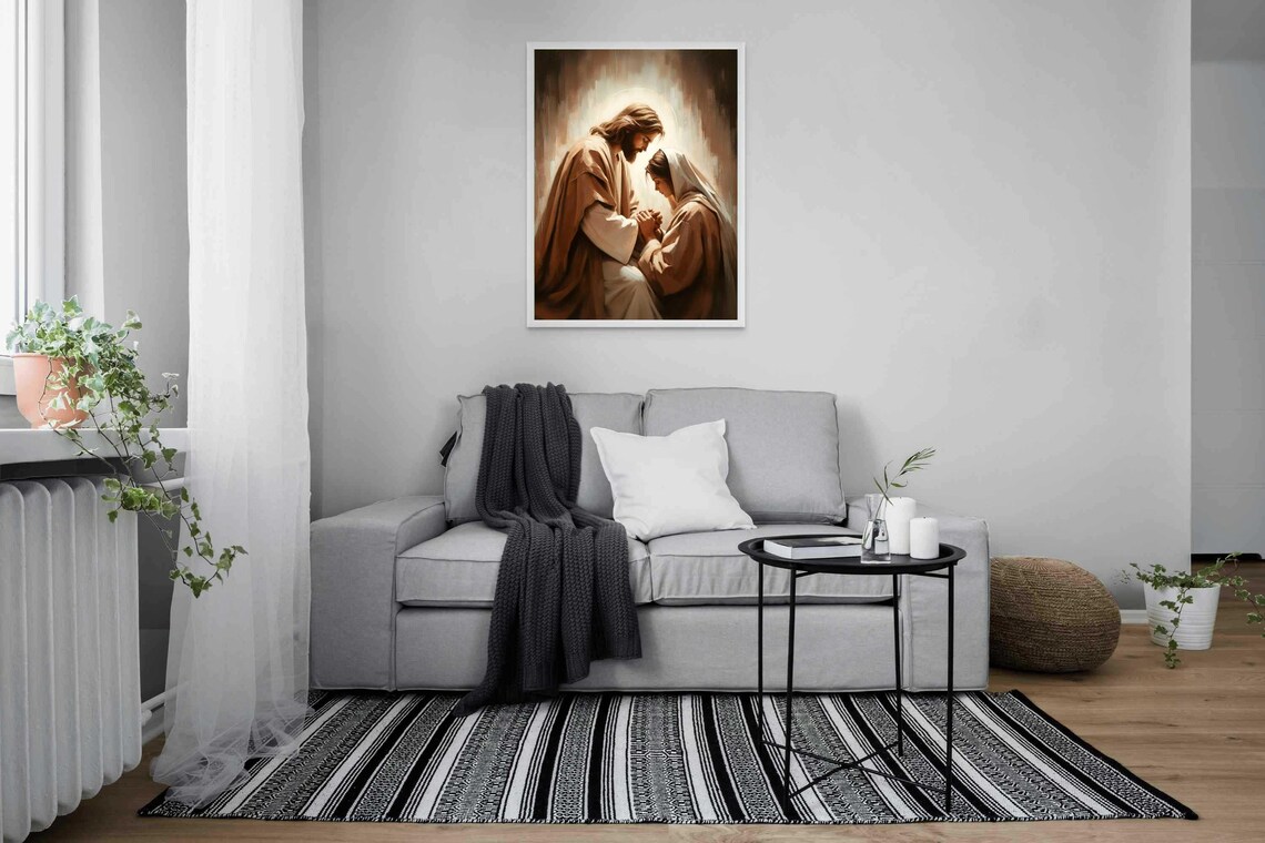 Jesus Embracing Kneeling Woman Golden Light Christian Faith Poster - Image 4