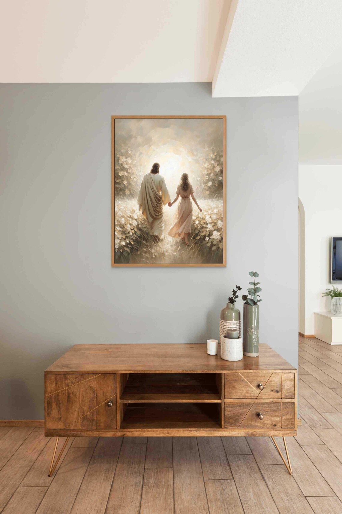 Jesus Walking Hand In Hand With Girl Toward Light In Flower Field Poster - Image 3