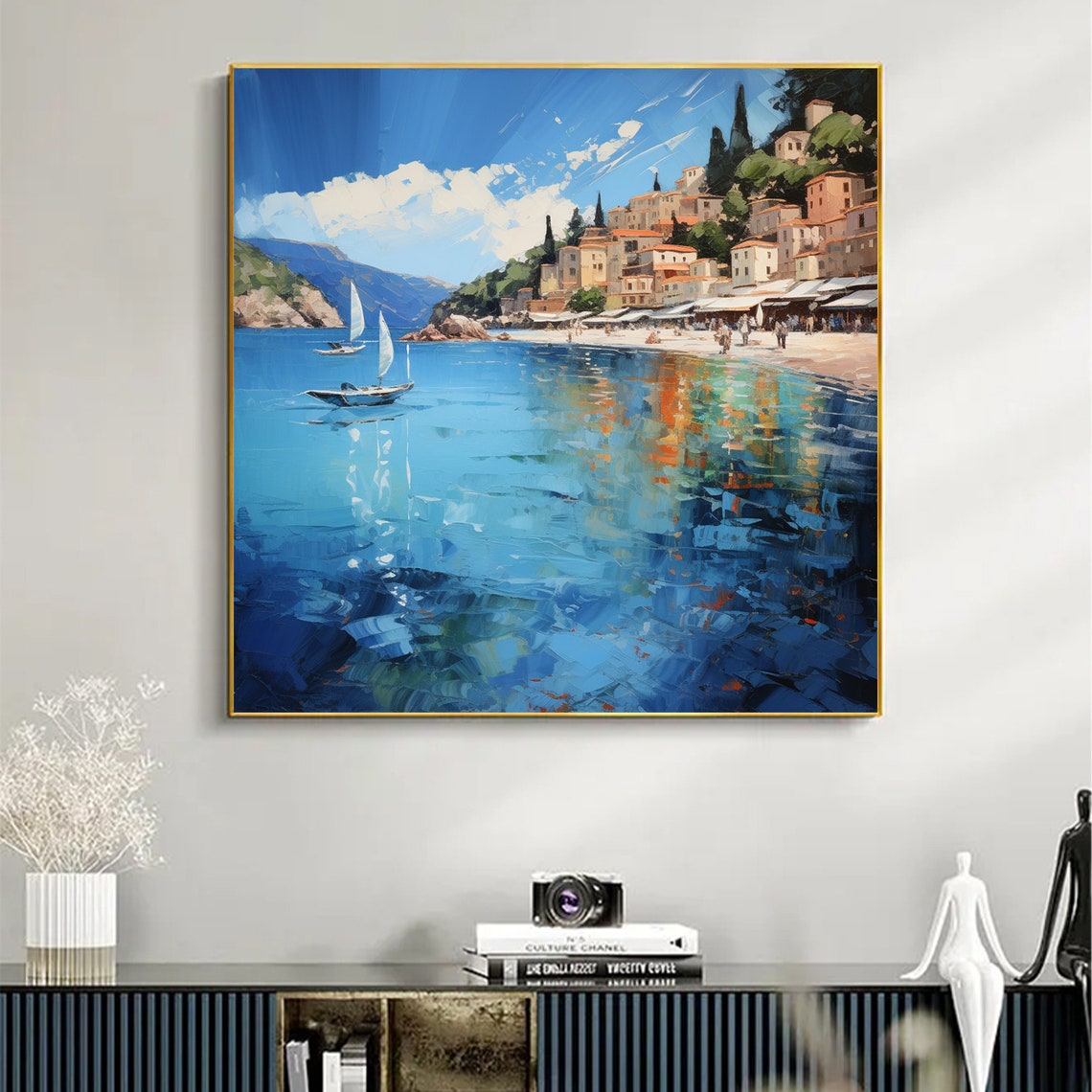 Mediterranean Coastal Cityscape with Sailboats Seaside Oil Poster - Image 6