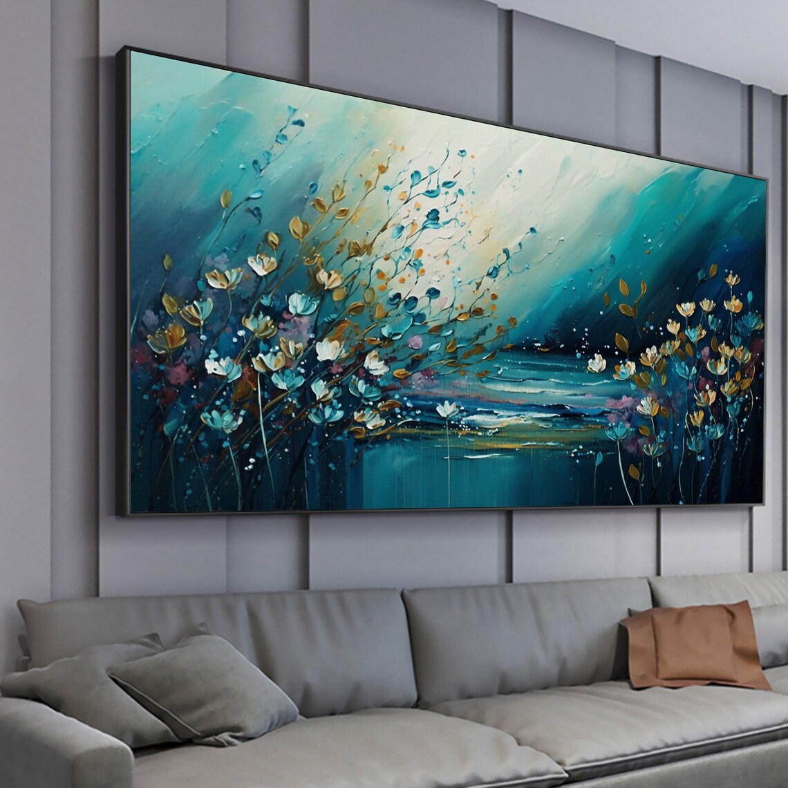 Teal Floral Seascape Gold Accent Abstract Flower Oil Painting Poster - Image 4