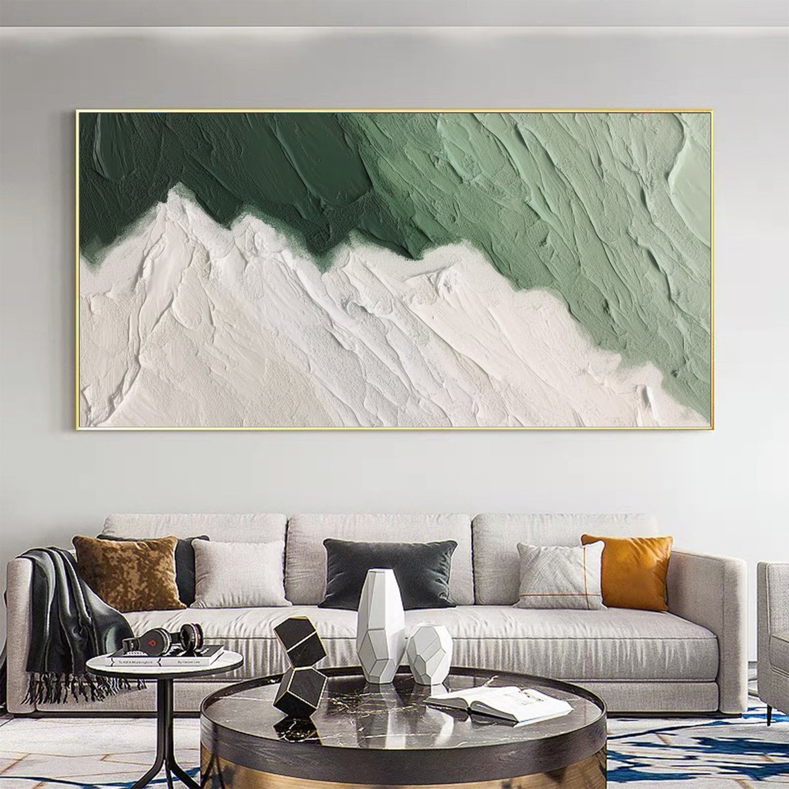 Emerald and White Abstract Wave Texture Minimalist Oil Poster