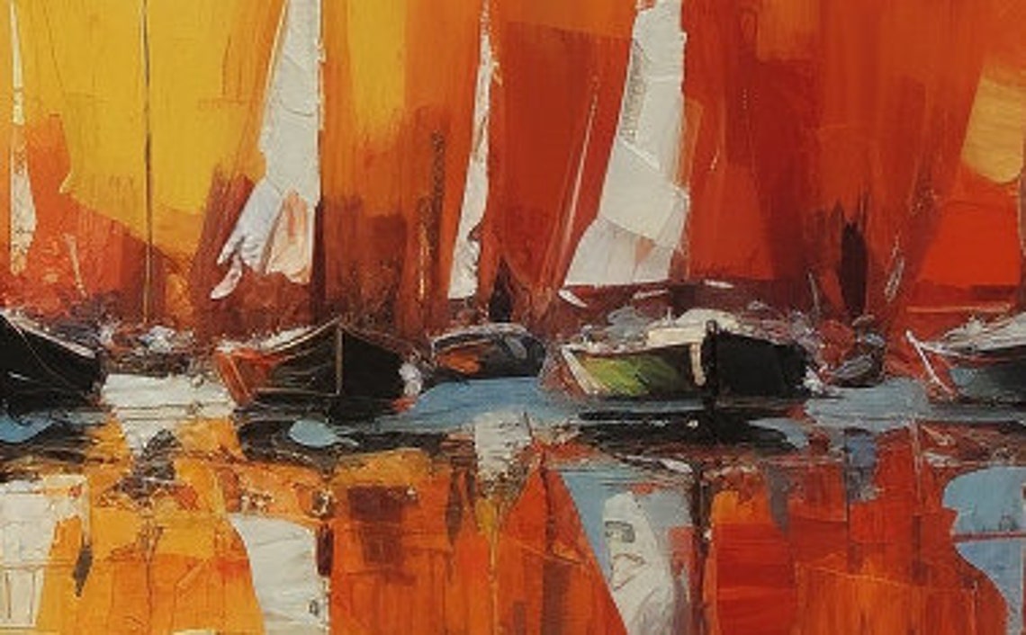 Sailboats at Sunset on Orange Sky Water Reflection Oil Poster - Image 2