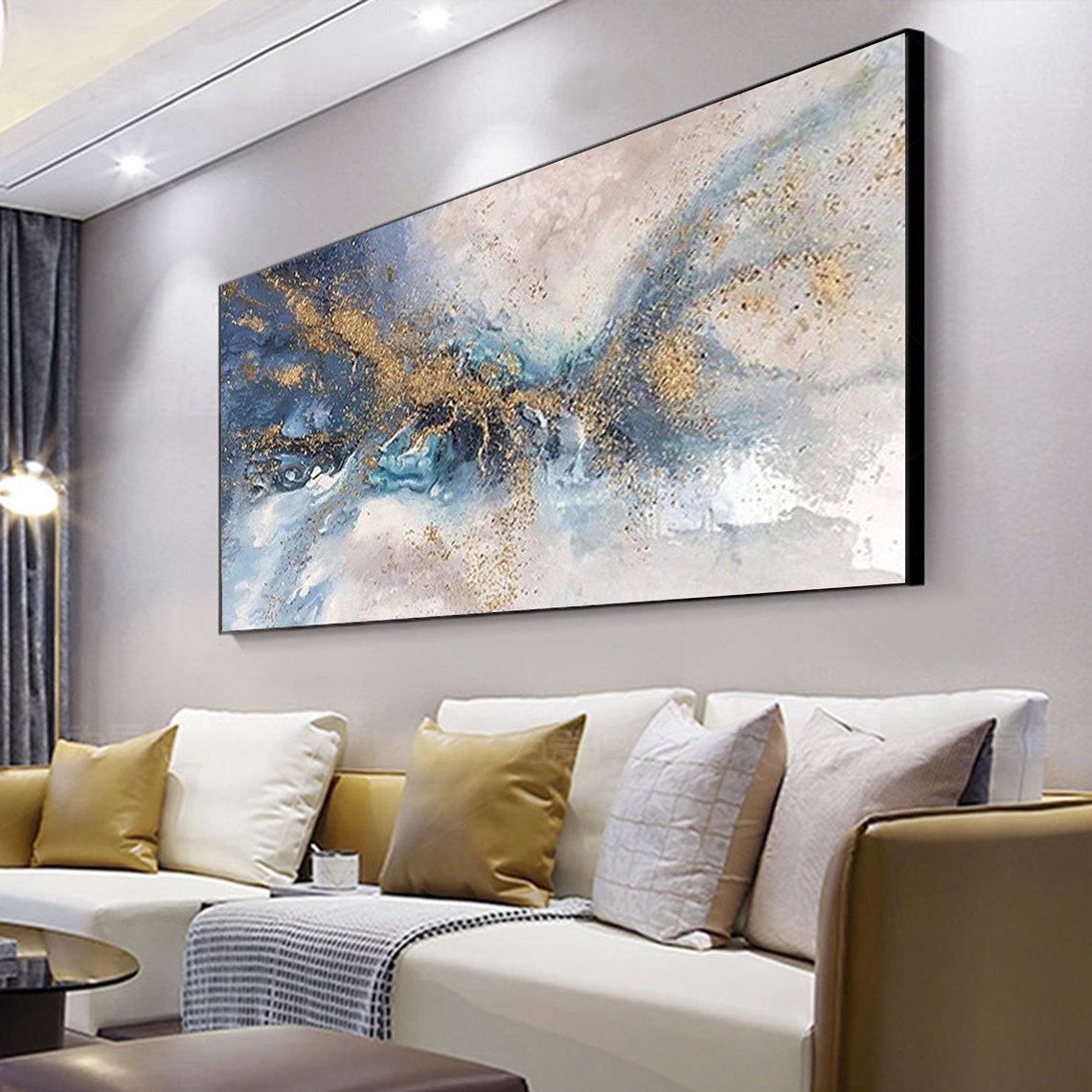 Gold Glitter Waves on Misty Blue Panoramic Oil Painting Art Print - Image 3
