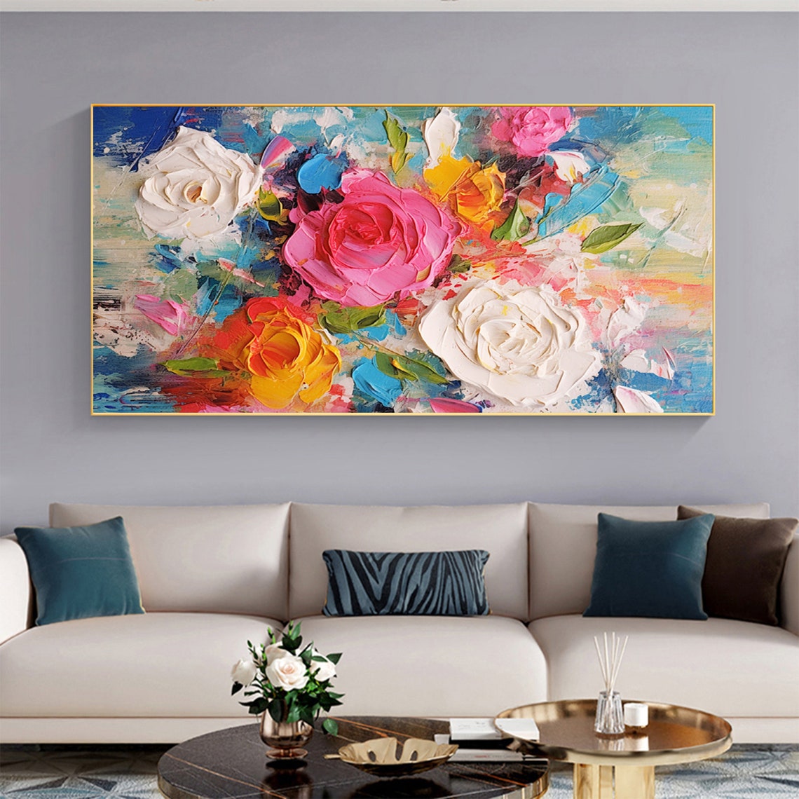 Colorful Roses Impasto on Blue Panoramic Oil Painting Art Print - Image 5