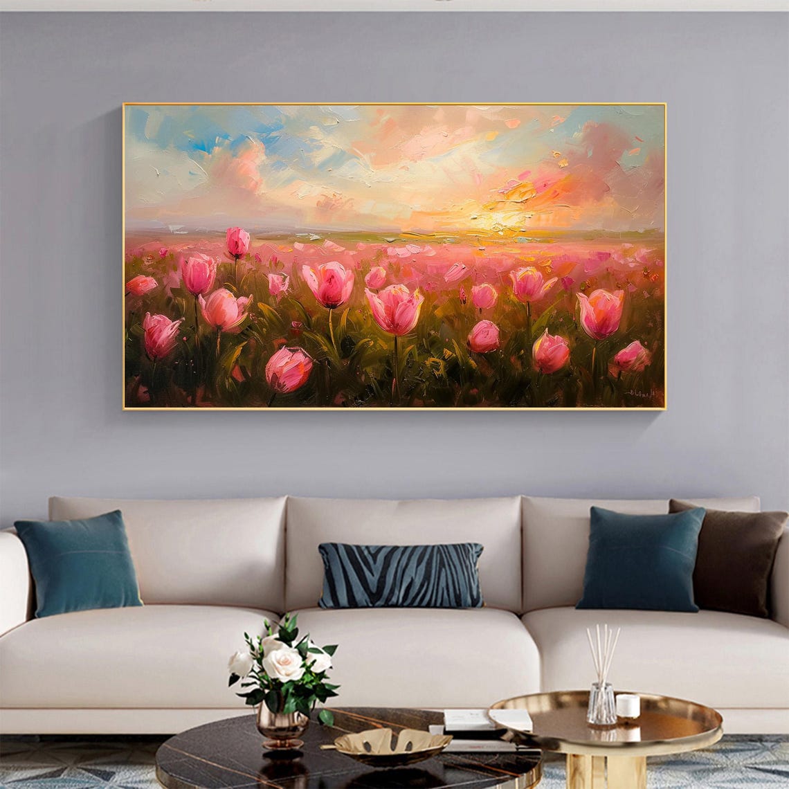 Pink Tulip Field at Golden Sunset Panoramic Oil Painting Art Print - Image 6