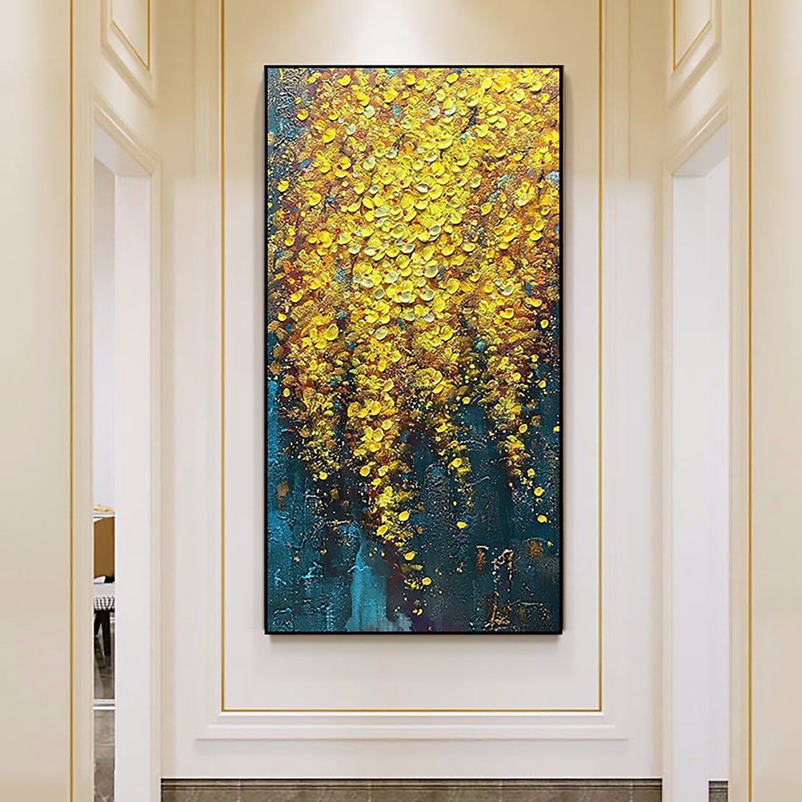 Cascading Golden Wisteria Blossoms Against Deep Teal Canvas Poster - Image 4