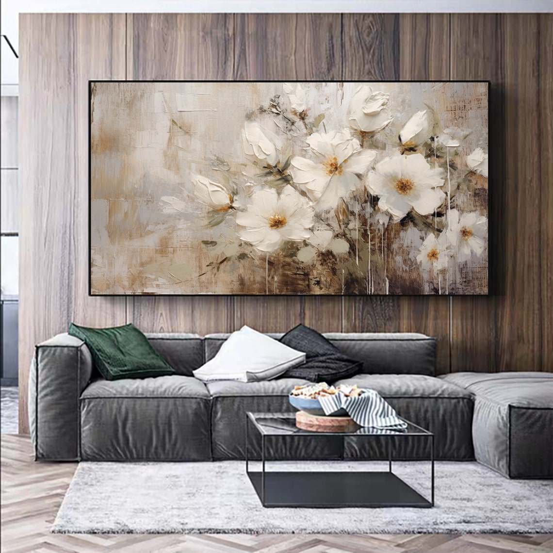 Soft White Blossoms on Beige Panoramic Oil Painting Art Print - Image 6