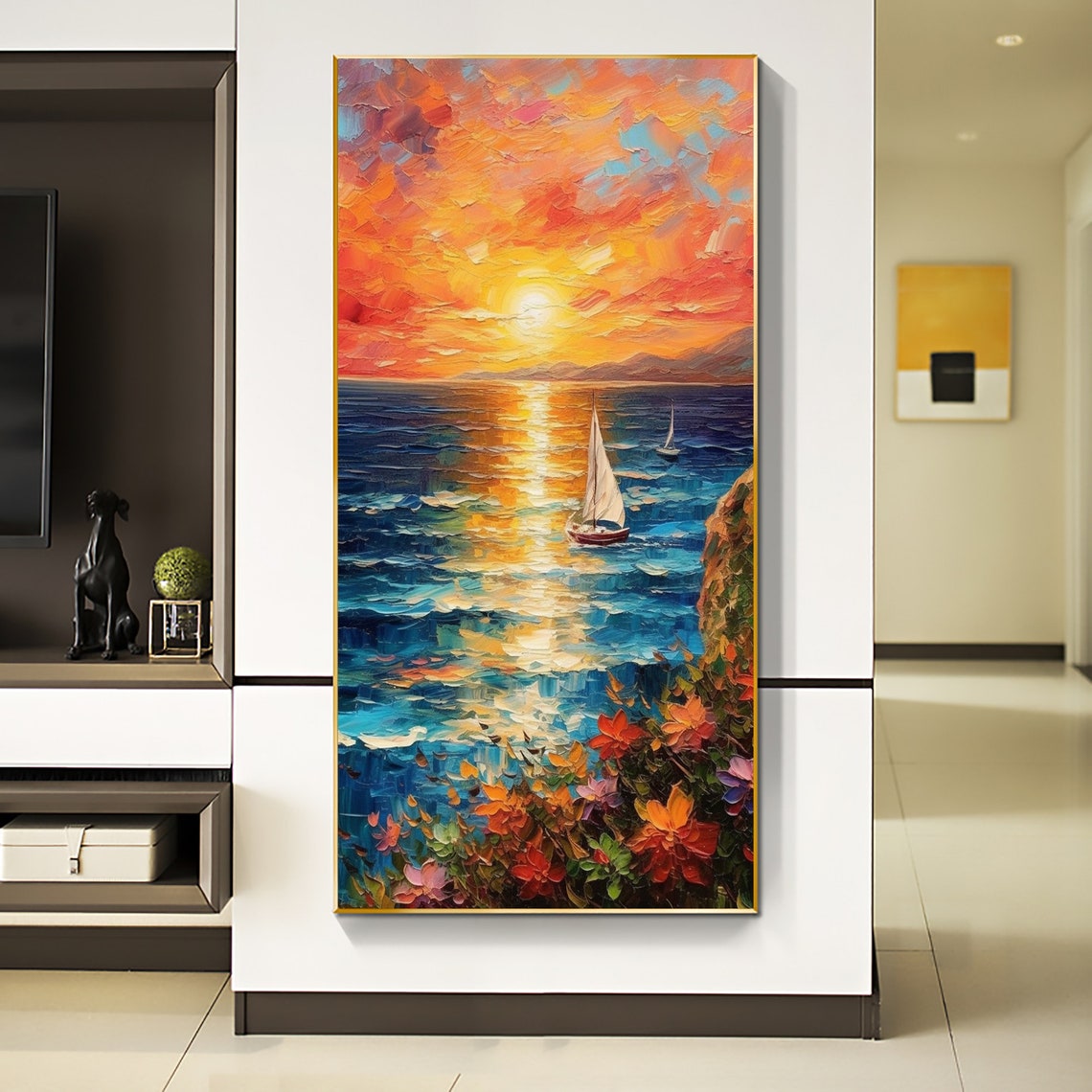 Sunset Sailboats Over Ocean Cliffs Vertical Oil Painting Art Print - Image 3