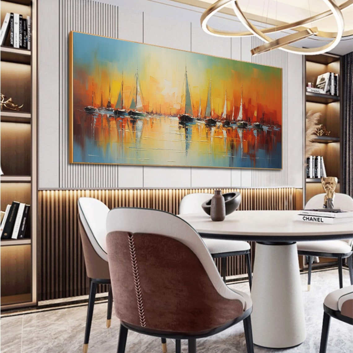 Sailboats at Sunset on Orange Sky Water Reflection Oil Poster - Image 4
