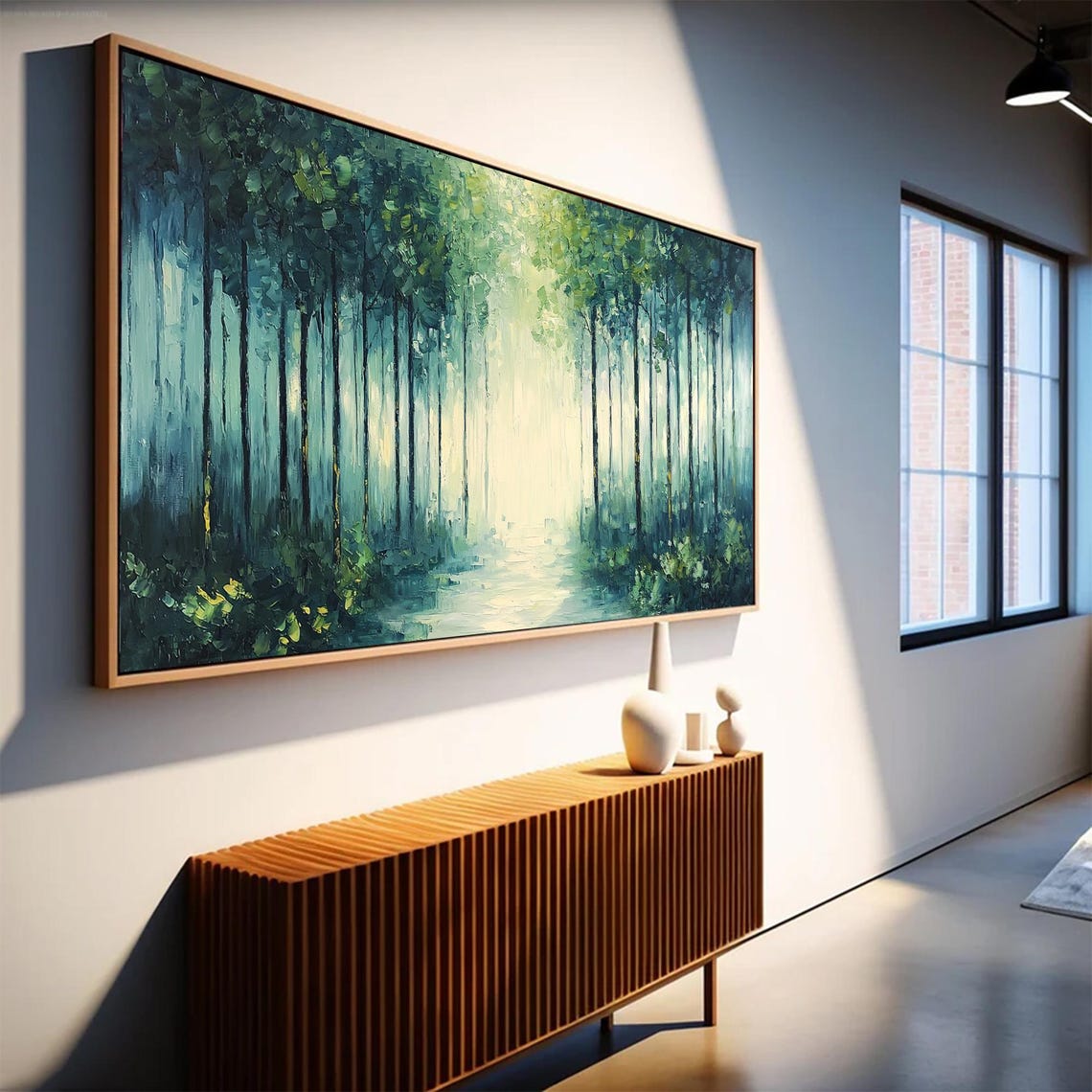 Misty Forest Path Light Beam Panoramic Oil Painting Art Print - Image 5