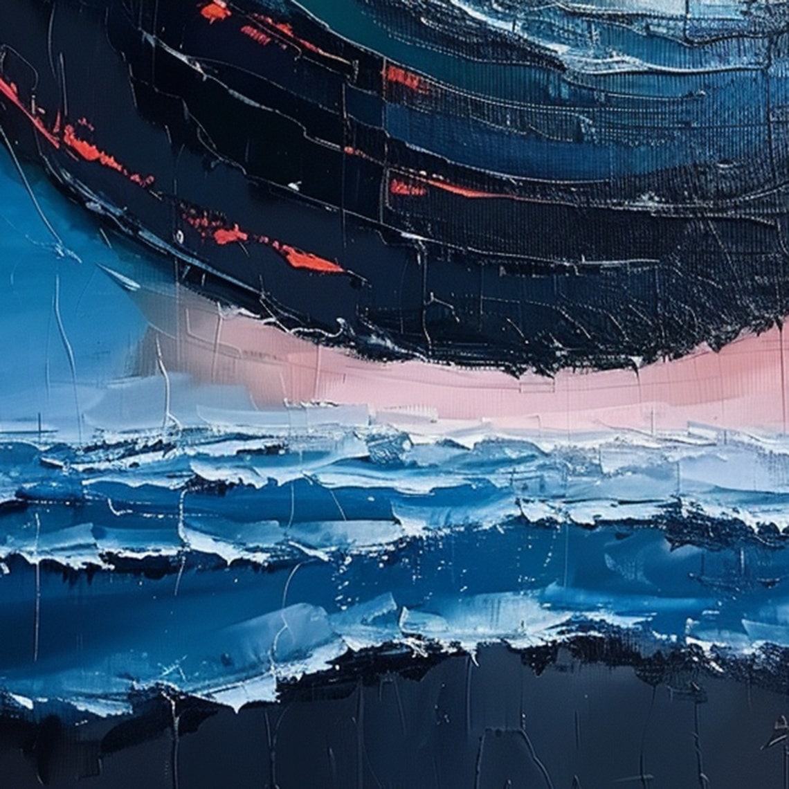 Fiery Planet Rising Over Dark Ocean Vertical Oil Painting Art Print - Image 3