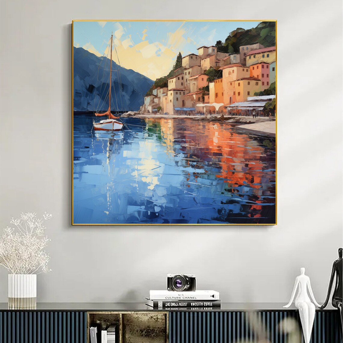 Mediterranean Coastal Town Sailboat Reflection Oil Painting Art Print - Image 5