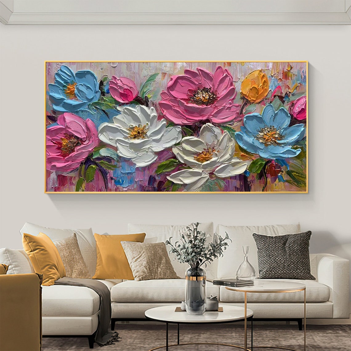 Bold Impasto Blooms in Pink White and Blue Floral Garden Poster - Image 4