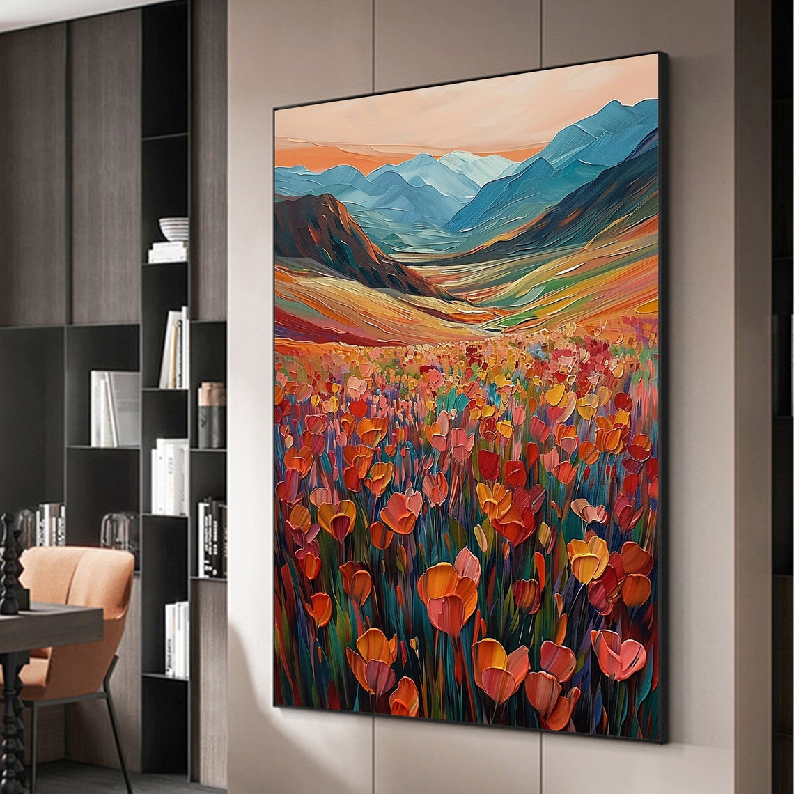 Sunset Glowing Over Red Tulip Fields Before Blue Peaks Poster - Image 2