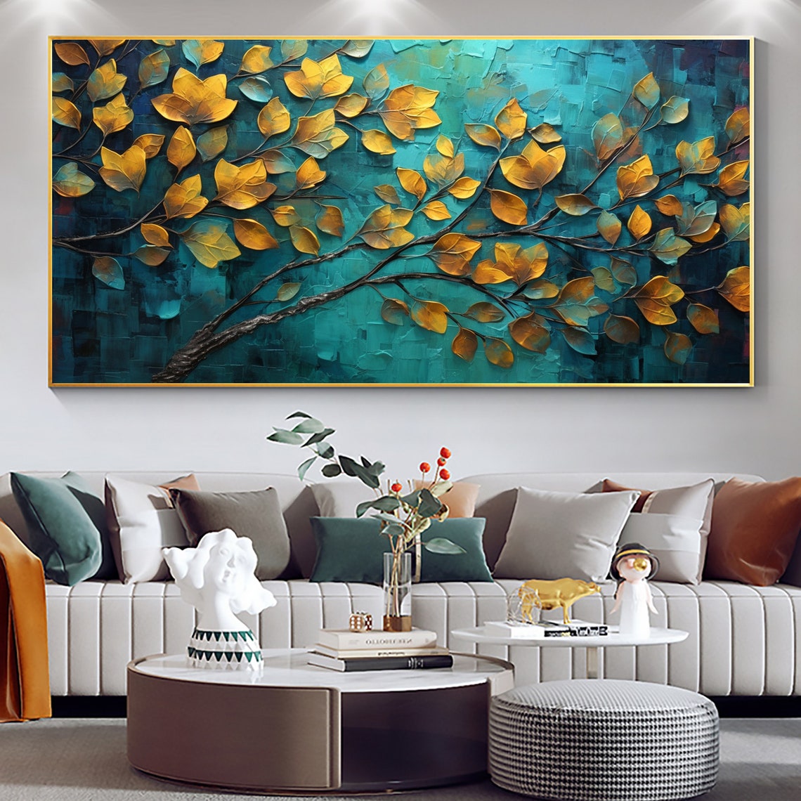 Golden Autumn Leaves Spreading Over Textured Teal Canvas Poster - Image 4