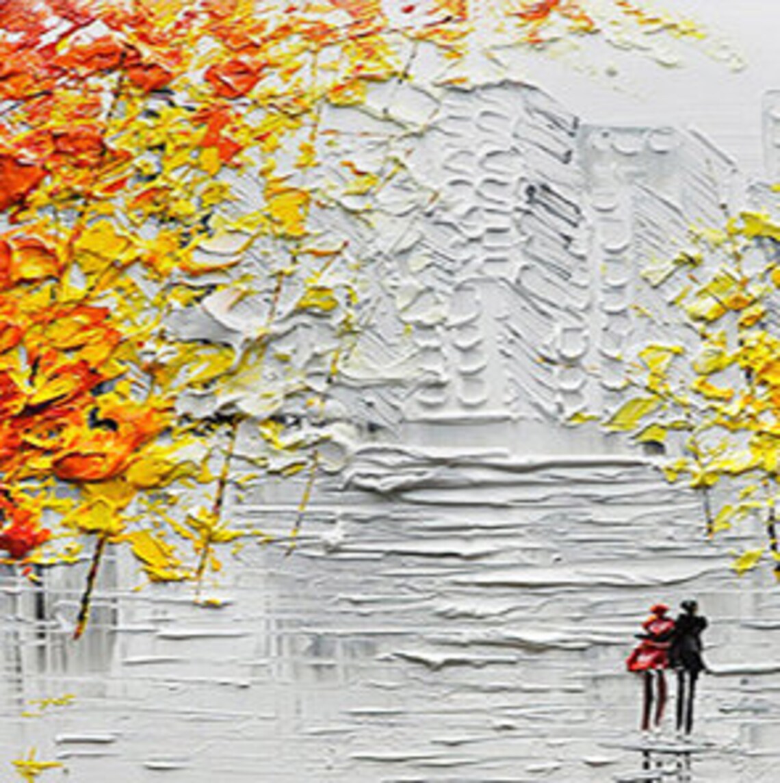 Romantic Couple Autumn City Stroll Panoramic Oil Painting Art Print - Image 2