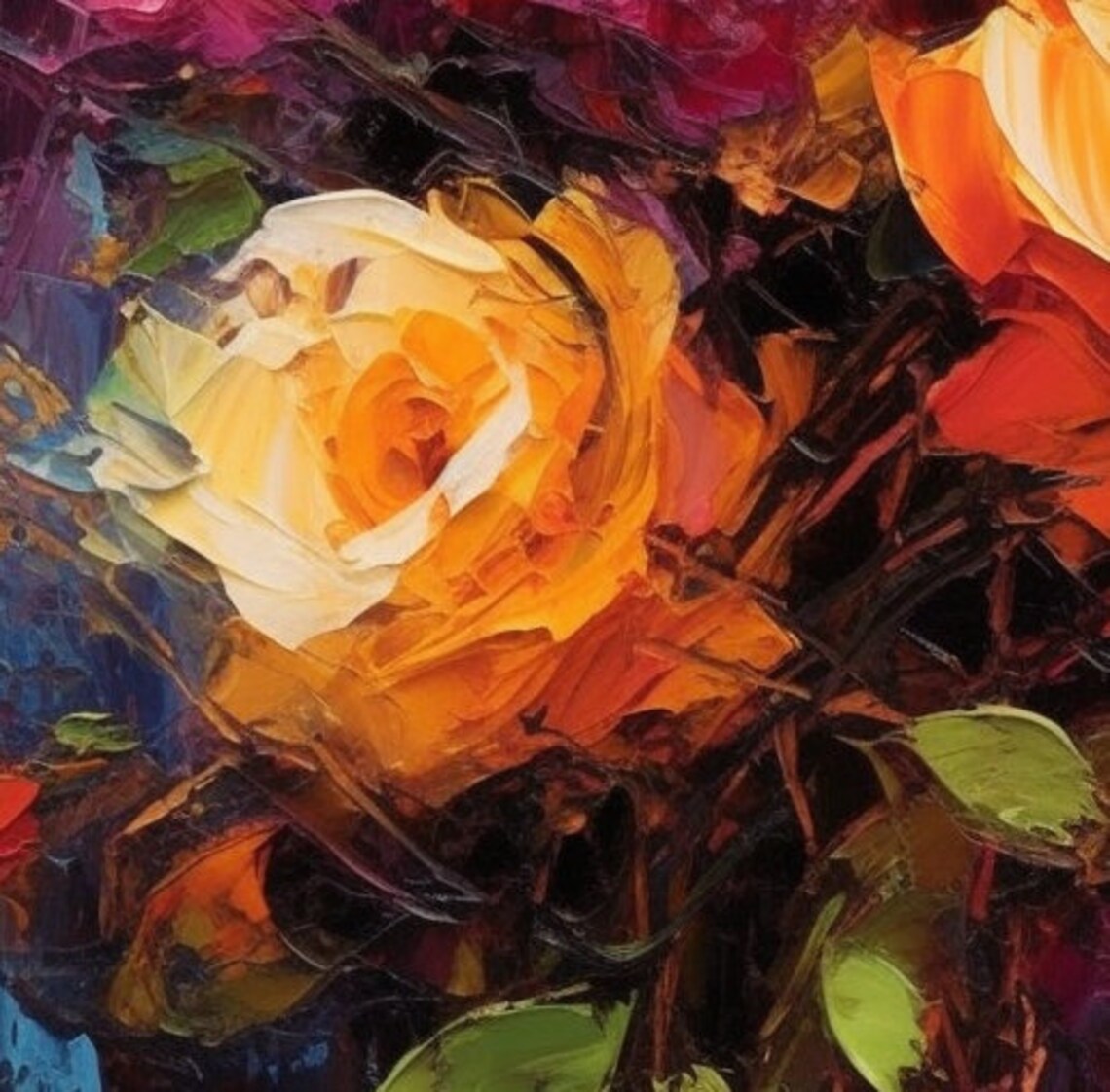 Fiery Orange Pink Roses Bouquet Vertical Oil Painting Art Print - Image 2