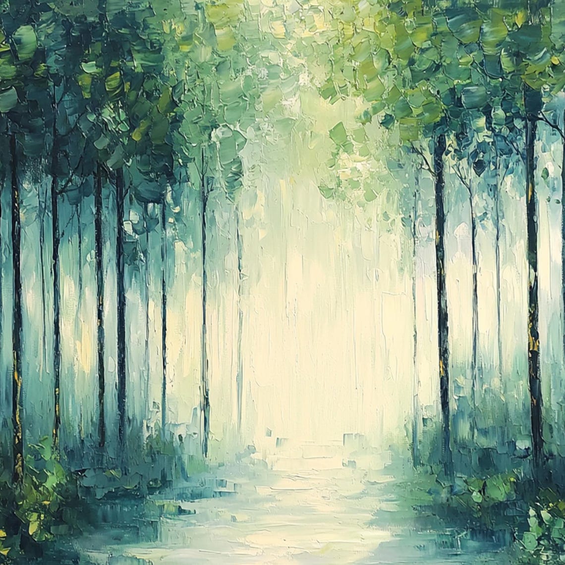 Misty Forest Path Light Beam Panoramic Oil Painting Art Print - Image 4