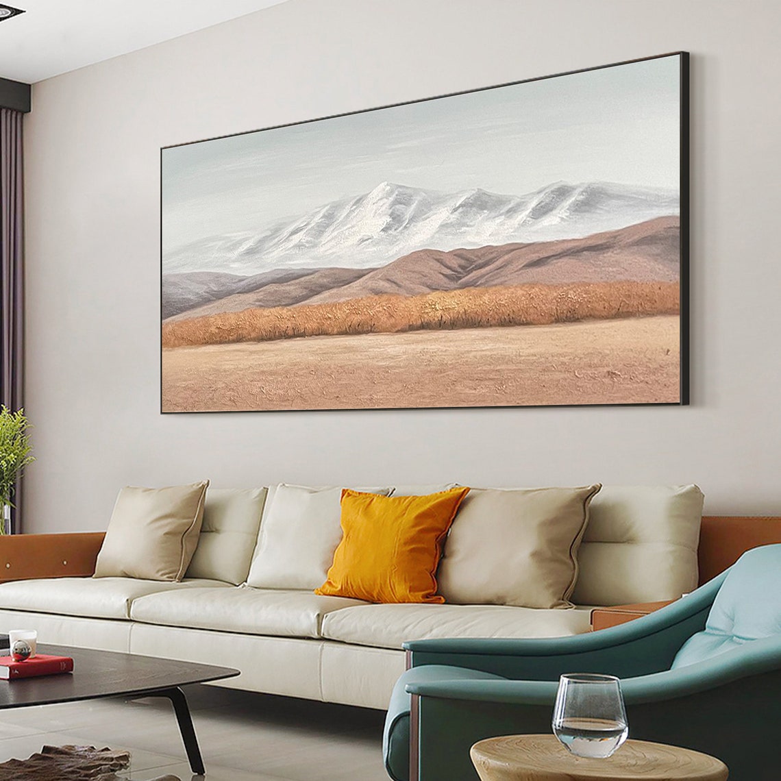 Snowy Mountains Warm Ochre Plain Minimalist Landscape Oil Poster - Image 4