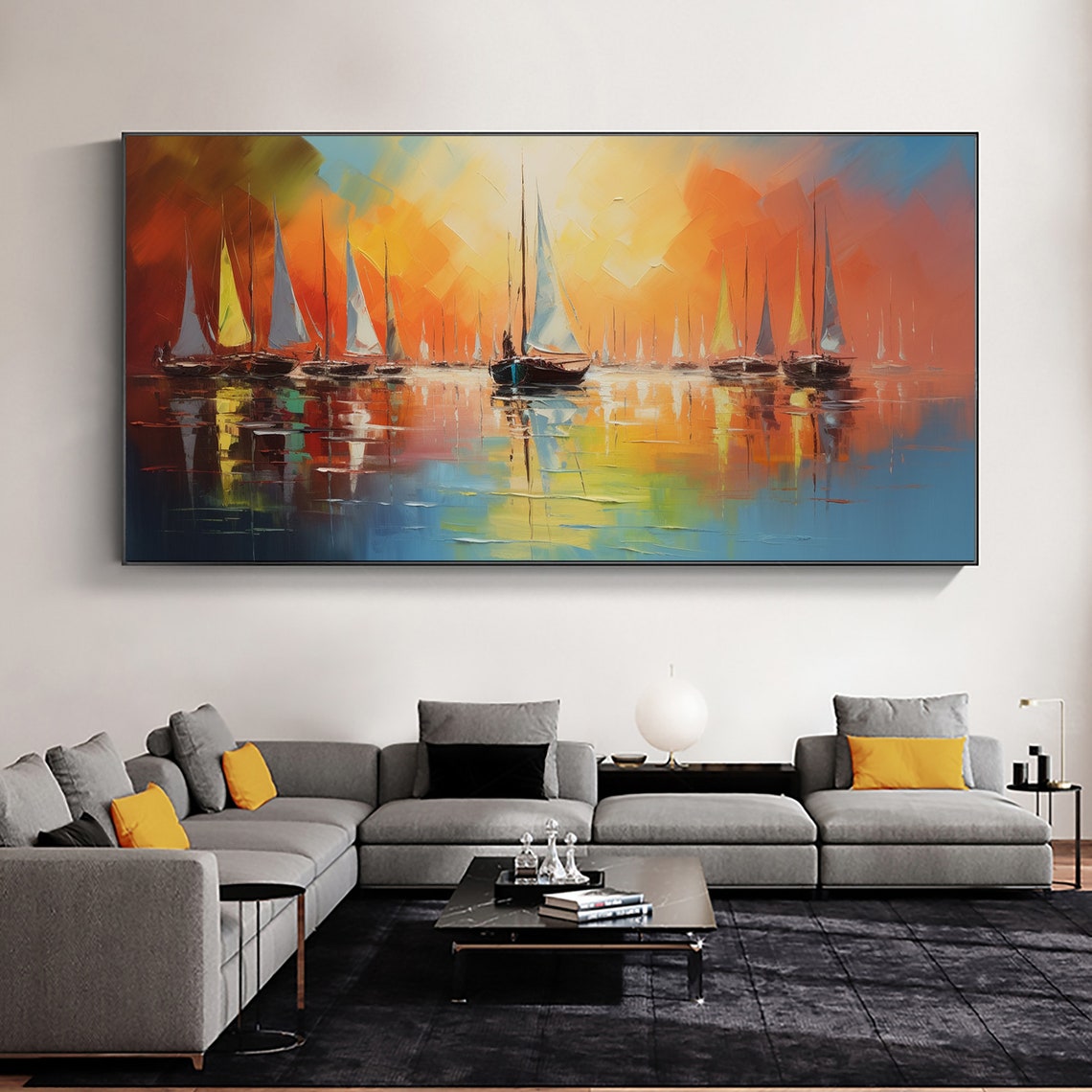 Sailboats at Sunset Calm Harbor Reflections Orange Sky Poster - Image 5