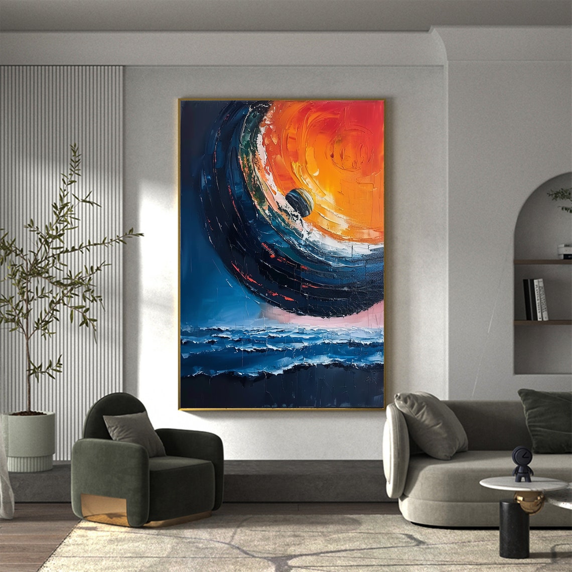 Fiery Planet Rising Over Dark Ocean Vertical Oil Painting Art Print - Image 2