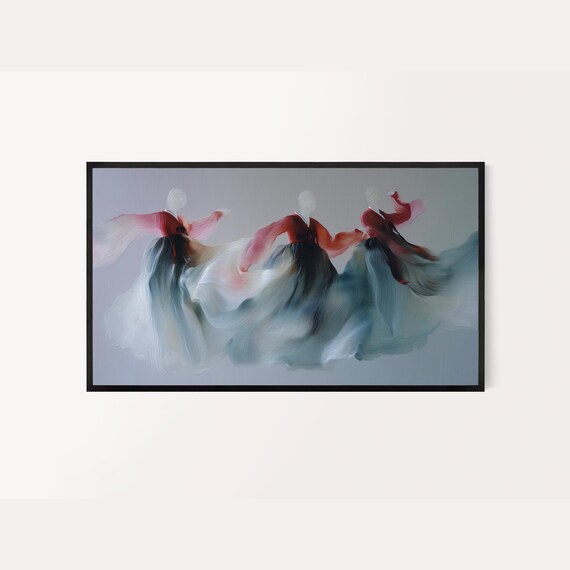 Korean Frame Tv Art Hanbokinspired Semi Abstract Painting Red And Dark Gray Colors