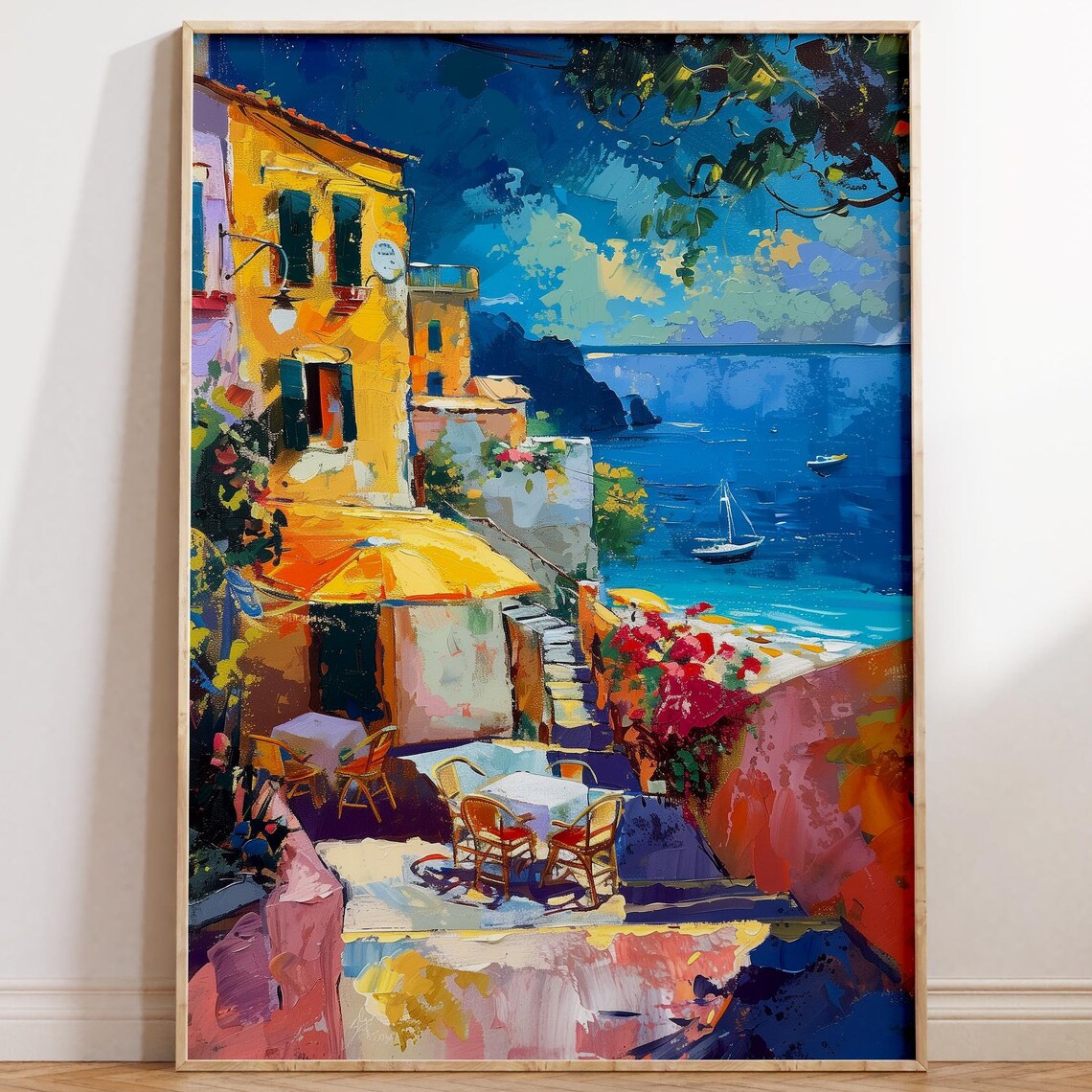 Mediterranean Seaside Village Gouache Coastal Cafe Painting Print