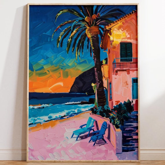 Tropical Gouache Painting Wall Art Vibrant Beach House Decor Moody Maximalist Poster Print Ocean Landscape