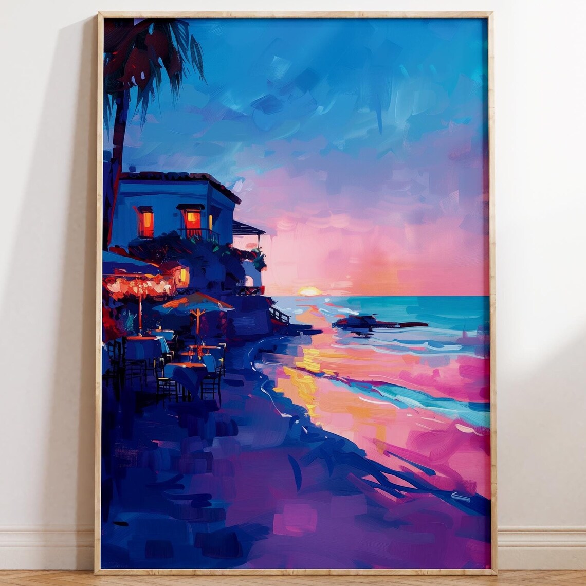 Sunset Beach Bar Tropical Palm Coastal Landscape Painting Poster