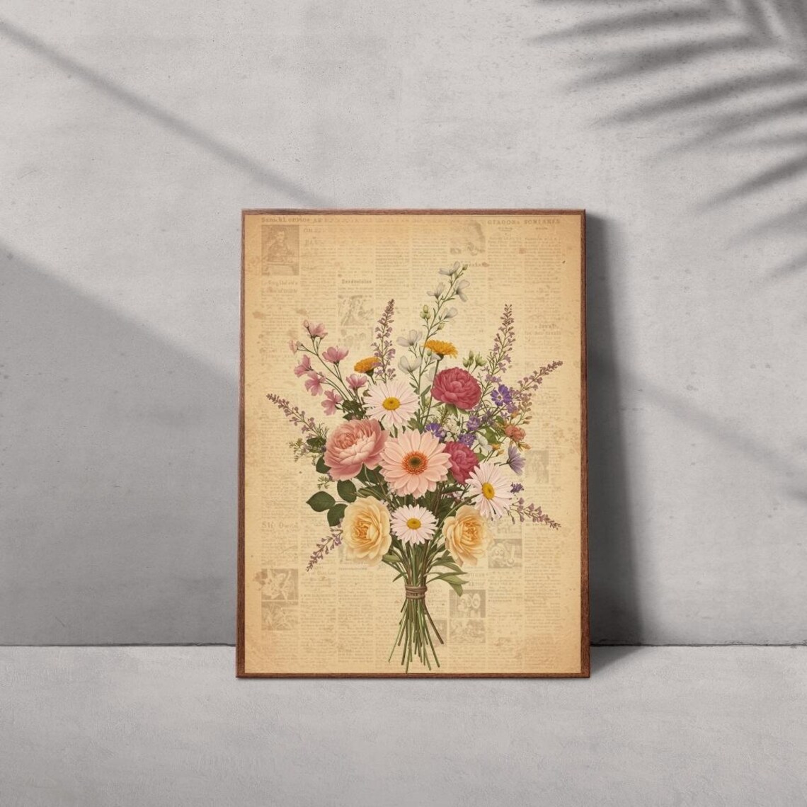 Vintage Floral Bouquet Newspaper Botanical Romantic Cottage Poster