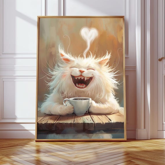 Funny White Cat Coffee Art Print Whimsical Kitchen Poster Pdf