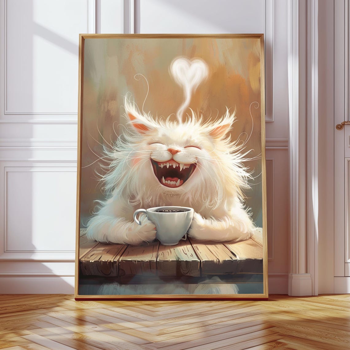 Happy White Cat Laughing Over Coffee Cup Funny Kitchen Poster