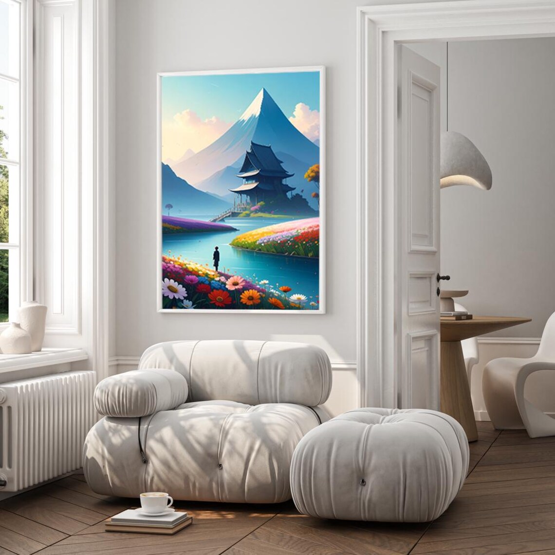 Japanese Mountain Temple Pagoda Flower Lake Landscape Art Poster