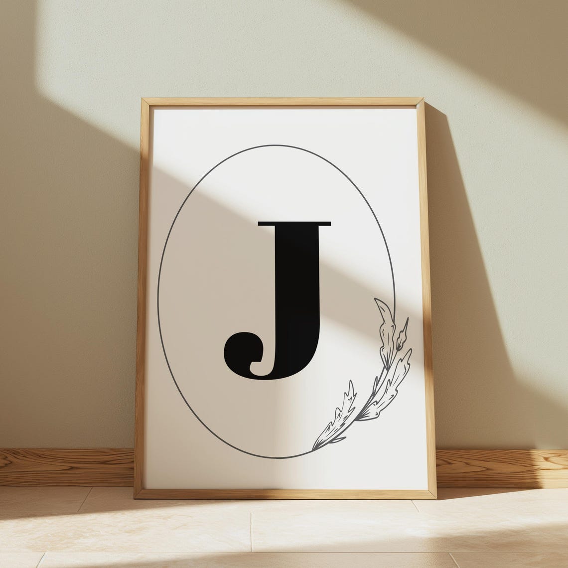 Bold Black Letter J Monogram in Fine Oval with Botanical Sprig Poster