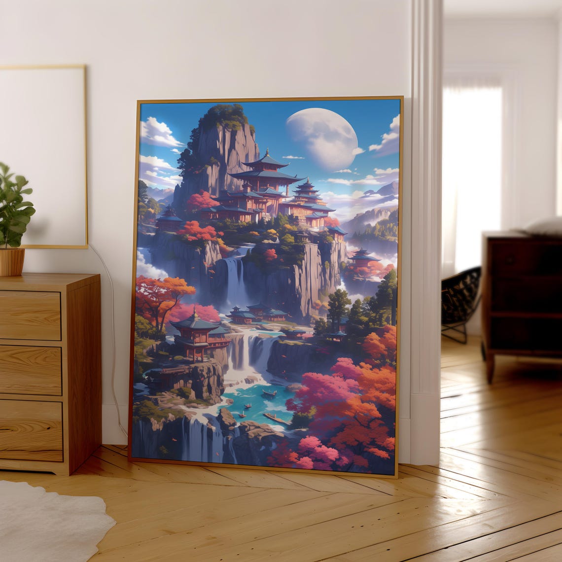 Epic Fantasy Mountain Temple With Waterfalls and Moon Sky Poster - Image 4
