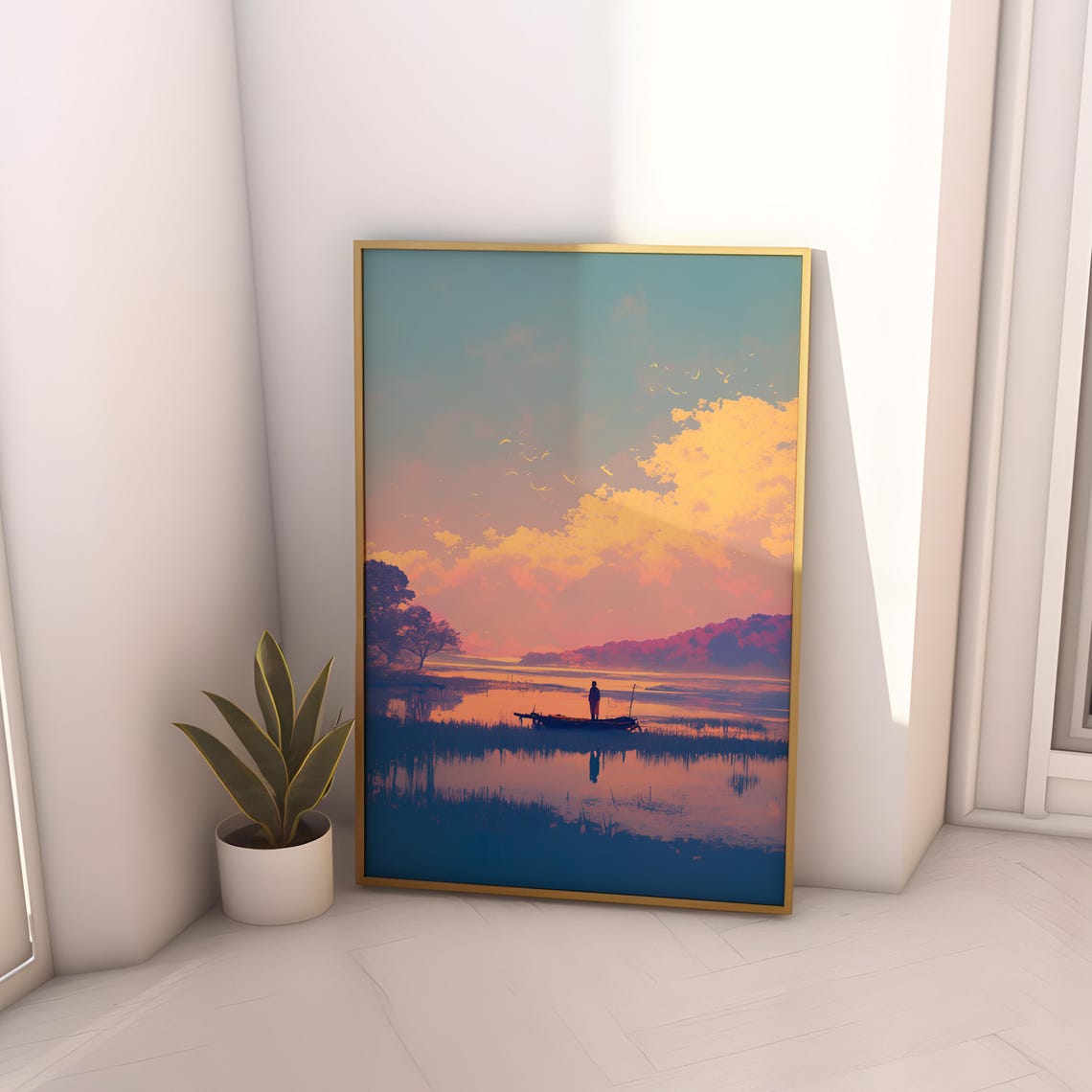 Lone Fisherman Sunset Lake Boat Reflection Orange Sky Poster - Image 2