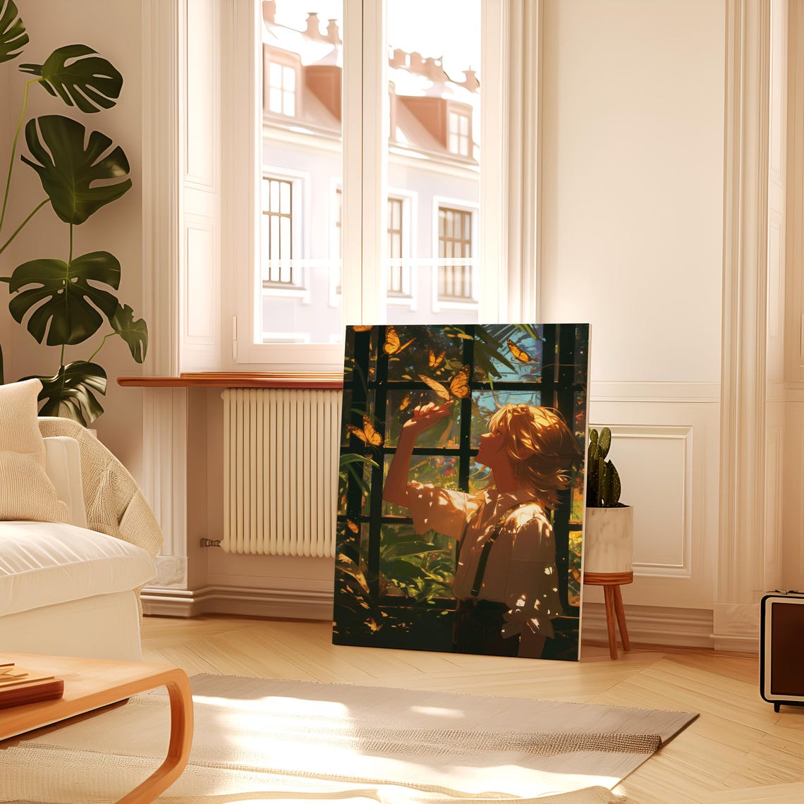 Anime Boy With Butterflies in Sunlit Garden Greenhouse Poster - Image 2