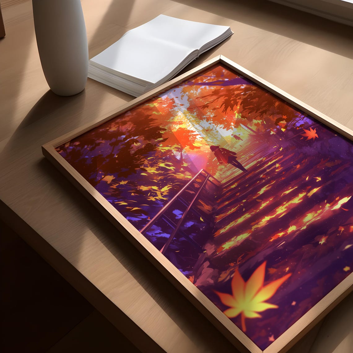 Silhouette Climbing Glowing Autumn Staircase at Sunset Poster - Image 3