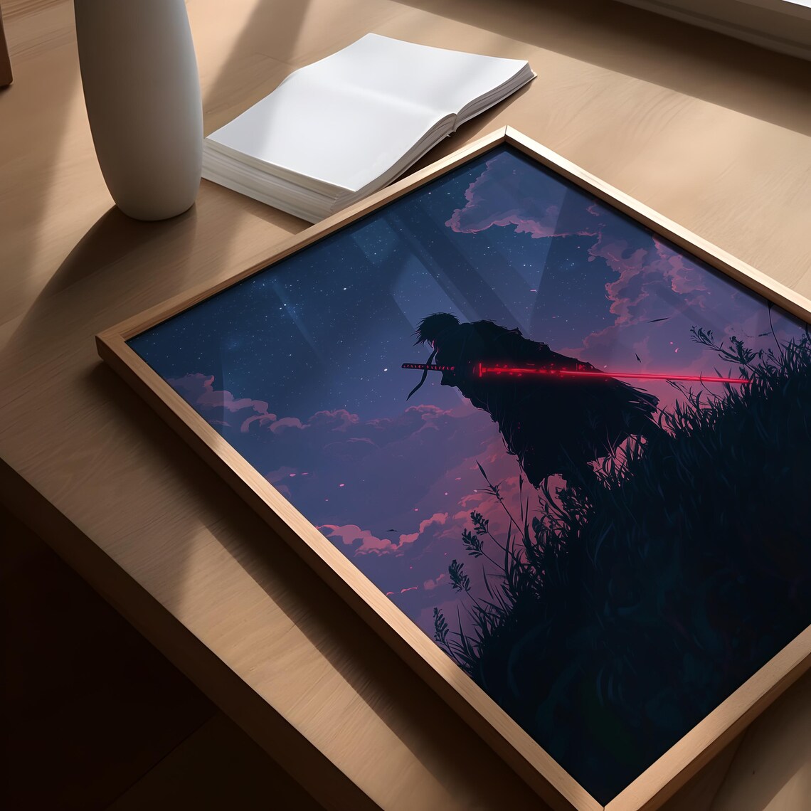 Fantasy Samurai Warrior Glowing Red Sword Starry Night Silhouette Poster - Image 2