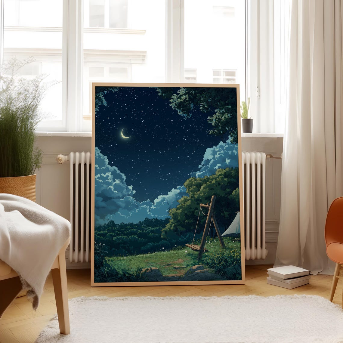 Pixel Art Campsite Matte Vertical Poster Night Sky Swing Scene Nature Tranquility Wall Art Print Camping Adventure Decor Starry Sky - Image 2