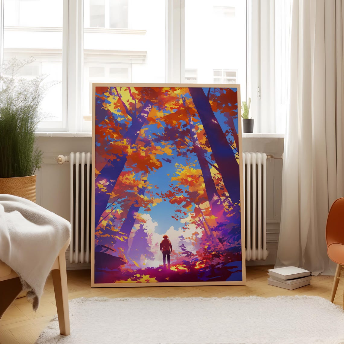 Lone Traveler in Vibrant Autumn Forest Clearing Anime Poster - Image 4