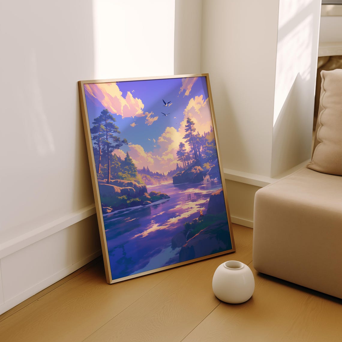 Peaceful Pine River Valley Sunset Nature Calm Reflection Poster - Image 2