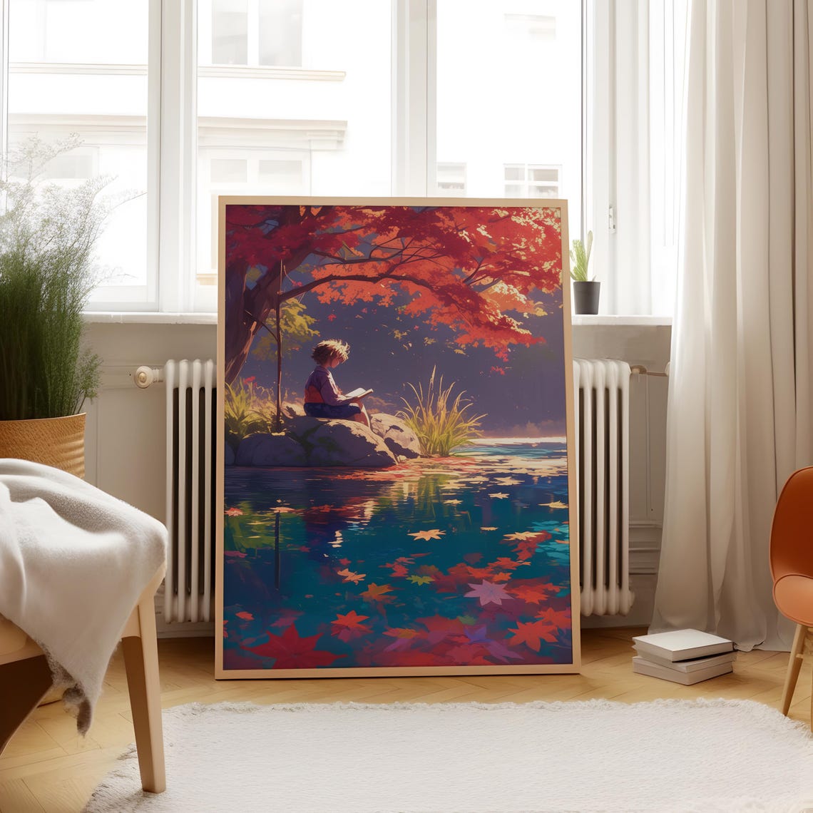 Quiet Cozy Anime Boy Reading Book by Autumn Maple Pond Poster - Image 4
