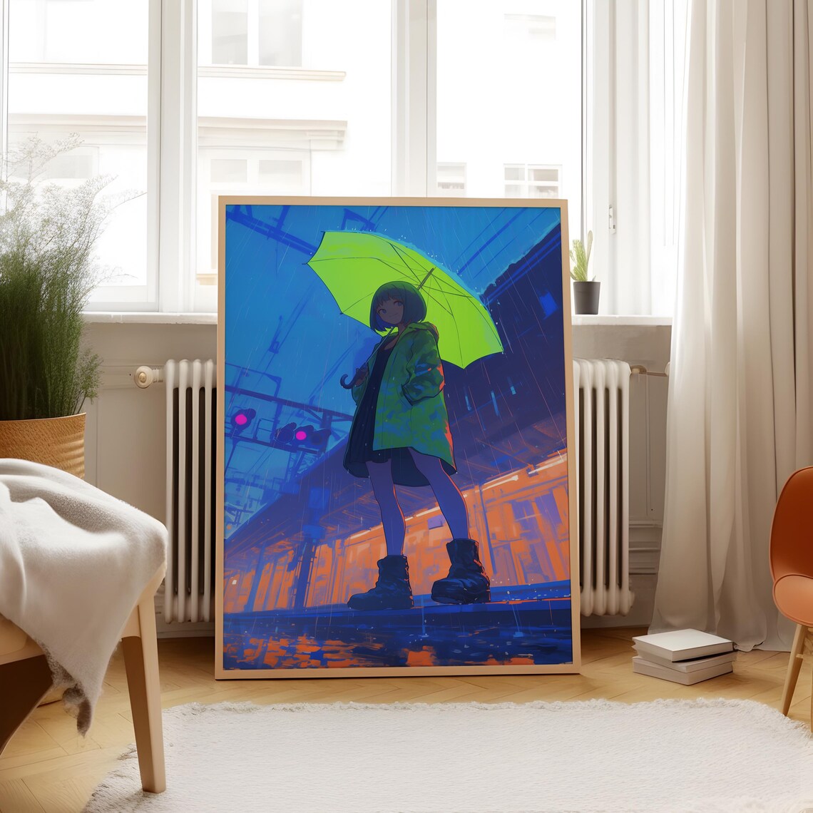 Neon Green Umbrella Anime Girl Bold Rainy City Night Glow Poster - Image 4
