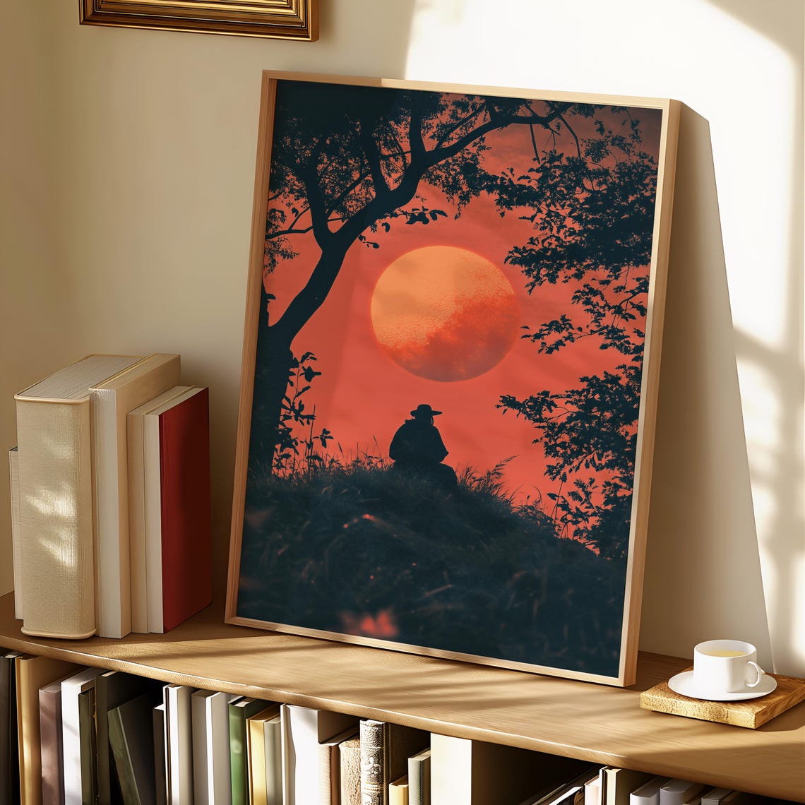 Lone Traveler Red Sun Silhouette Nature Tree Branches Poster - Image 4