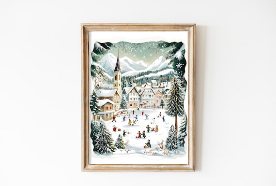 Vintage Nursery Winter Town Wall Art Christmas Village Cute Kids Decor Cozy Season Print Farmhouse Playful Decor