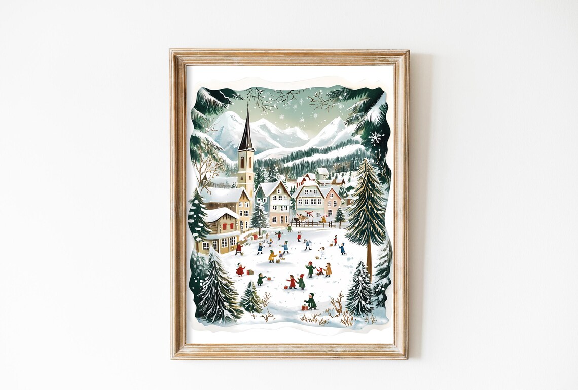 Alpine Winter Village with Church Steeple and Playing Kids Poster