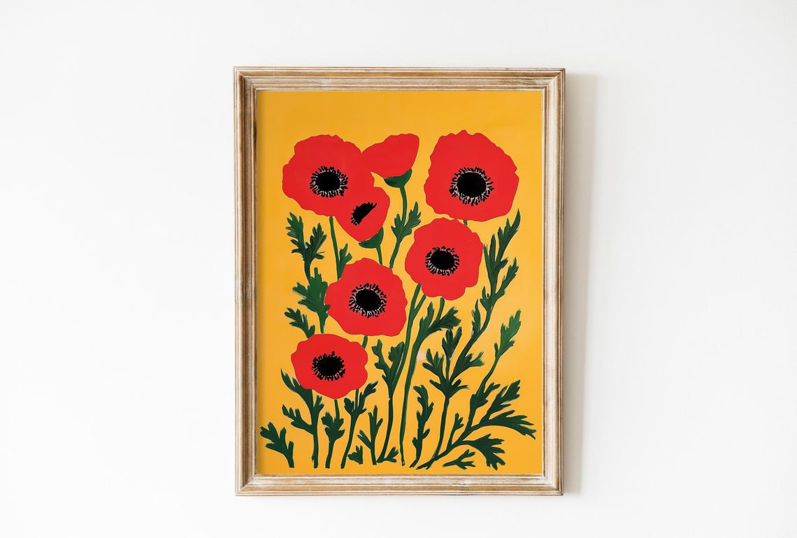 Bold Red Poppies Yellow Background Graphic Floral Art Poster