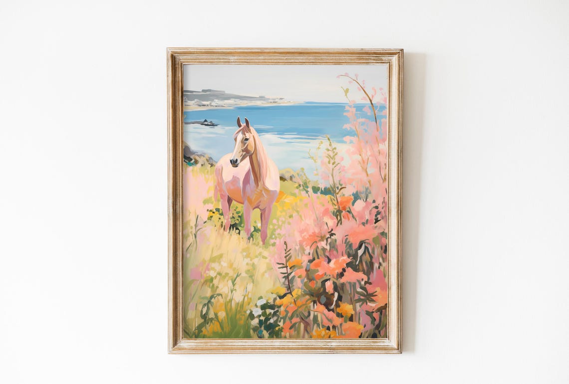 Wild Horse In A Pink Field Wall Art Girls Room Preppy Western Print Pastel Southern Country Aesthetic Poster